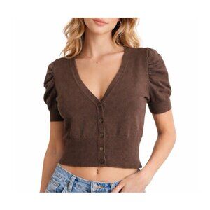 Heart-N-Crush cropped cardigan sweater puff sleeve button up MD Chocolate brown